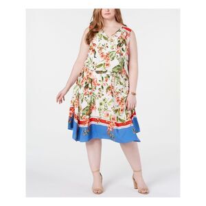 TOMMY HILFIGER Womens Sleeveless V Neck Midi Fit + Flare Dress